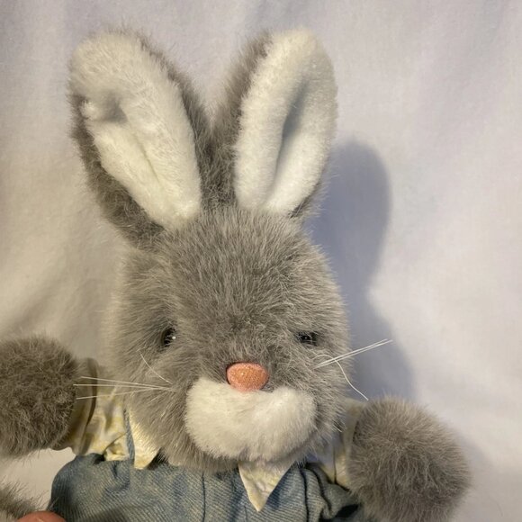 Vintage Gray Plush Bunny Rabbit Stuffed Animal with Blue Overalls 12" Sitting - Picture 5 of 10